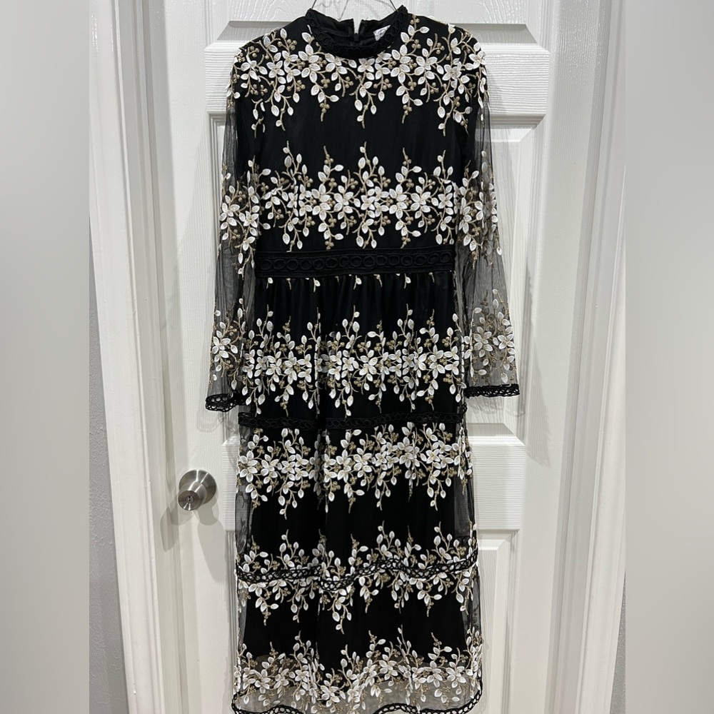 Polagram Black and Gold lace embroidered embroidery floral dress